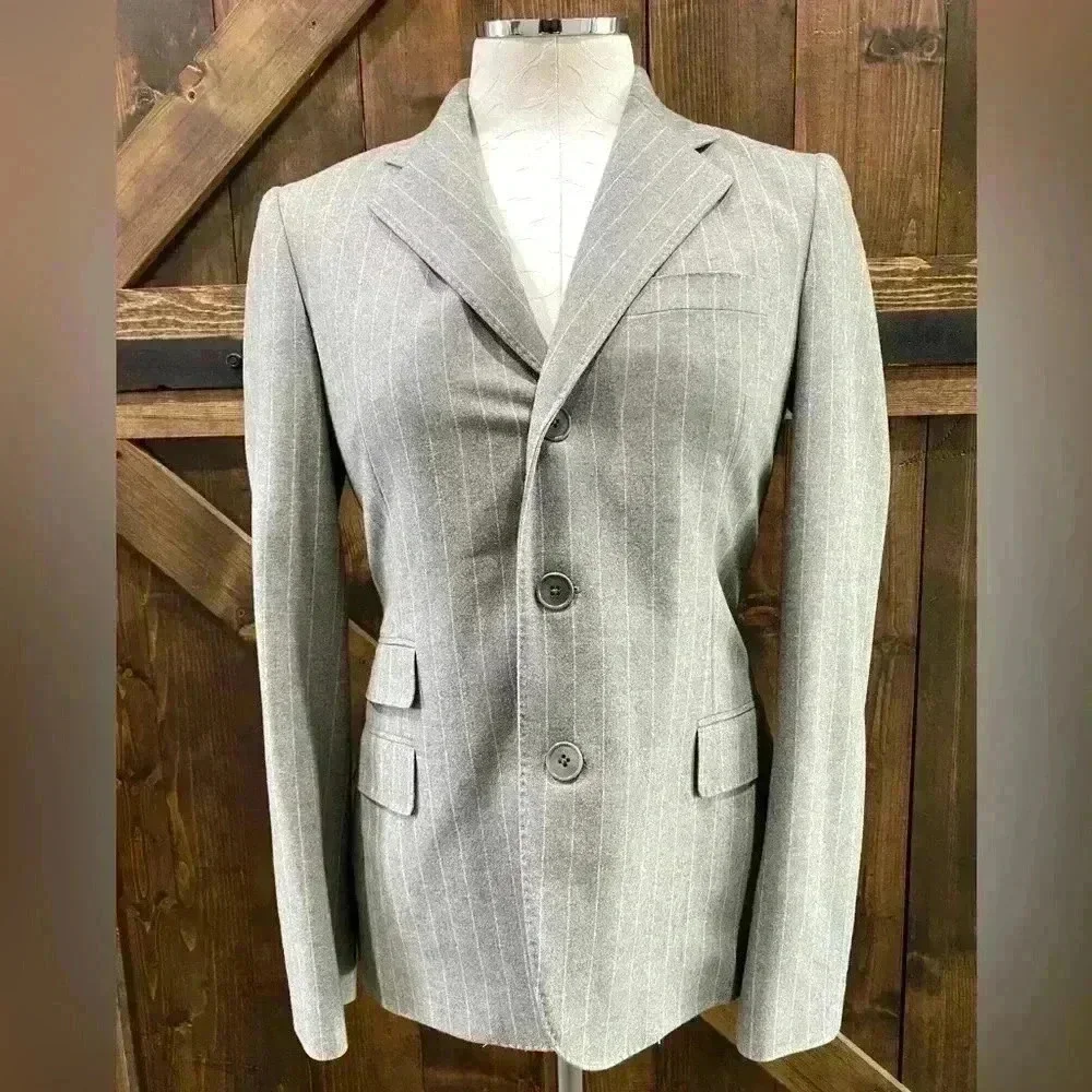 Ralph Lauren Purple Tag Wool 2 Piece Pant Suit Gray White Pinstripes Size 6/8